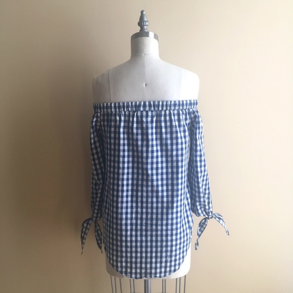 Off The Shoulder Navy Gingham Checked Top - Picture 3 of 5
